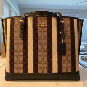 COACH striped Jacquard canvas fabric Mollie shoulder tote handbag